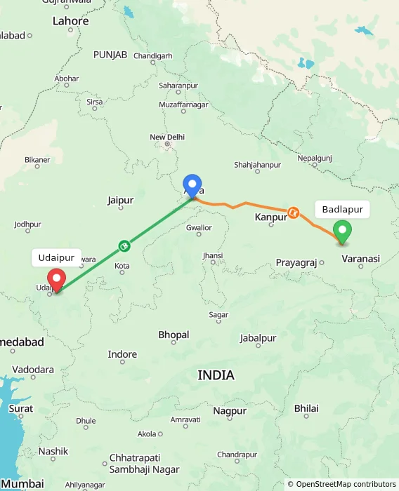 Route map showing distance and travel time from Badlapur, India to Udaipur, India
