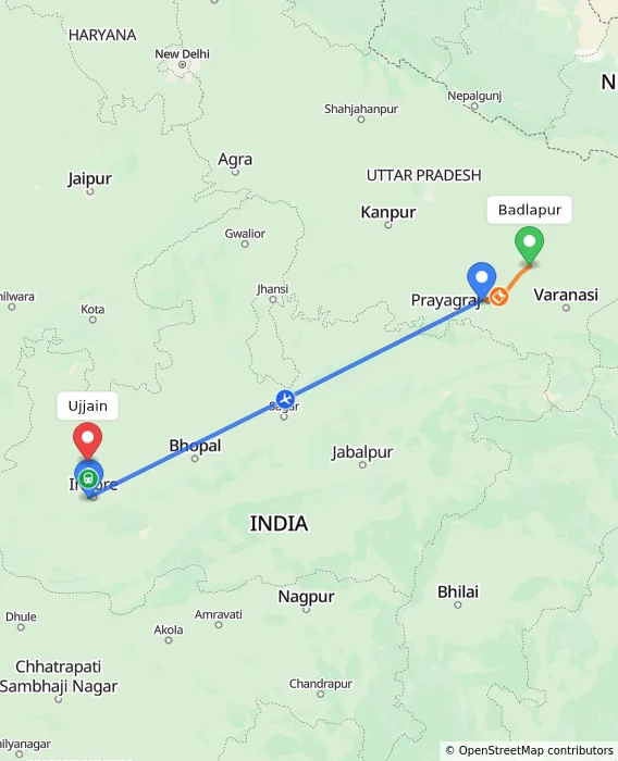 Route map showing distance and travel time from Badlapur, India to Ujjain, India