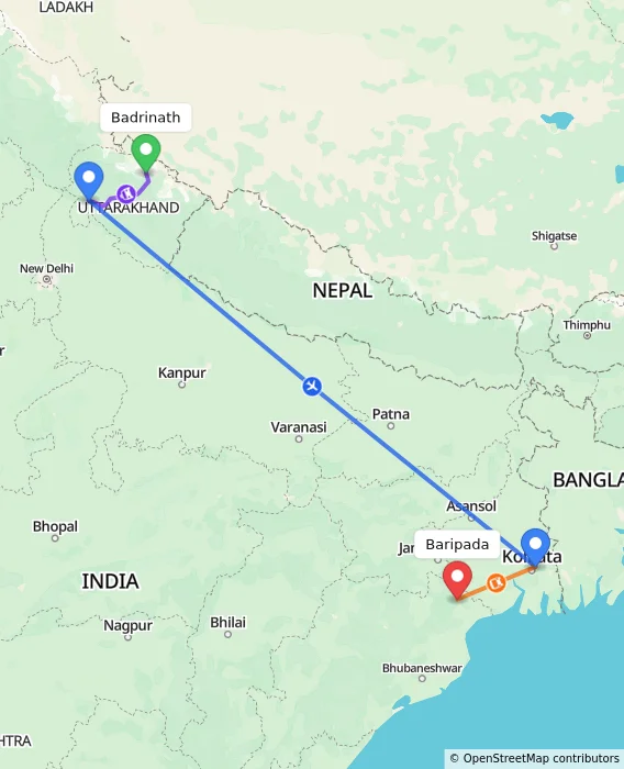 Route map showing distance and travel time from Badrinath, India to Baripada, India