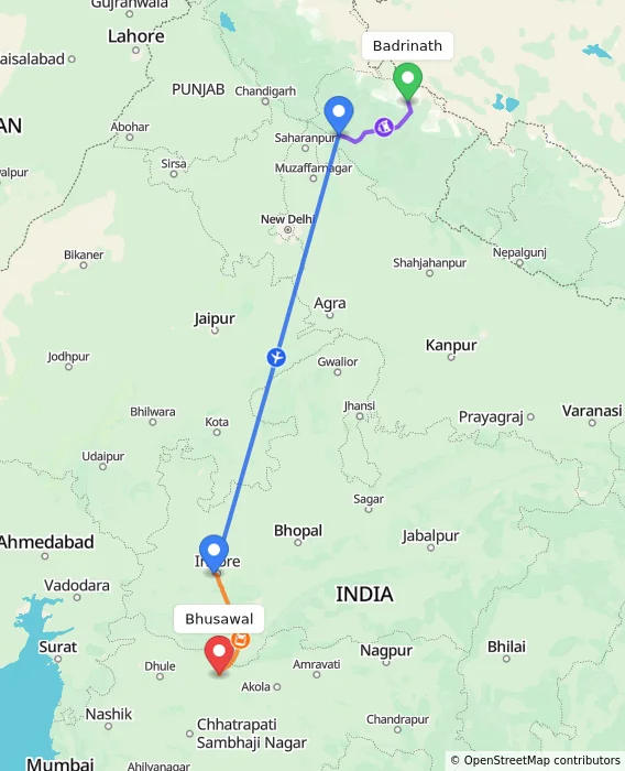Route map showing distance and travel time from Badrinath, India to Bhusawal, India