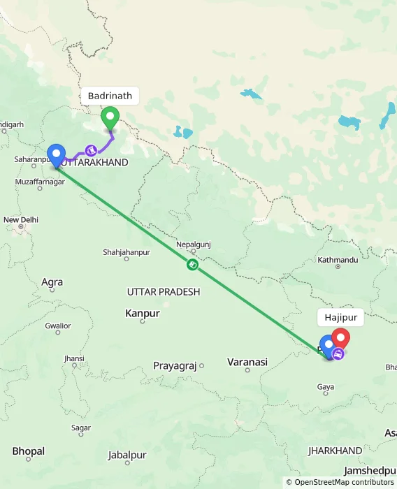 Route map showing distance and travel time from Badrinath, India to Hajipur, India