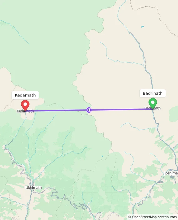 Route map showing distance and travel time from Badrinath, India to Kedarnath, India