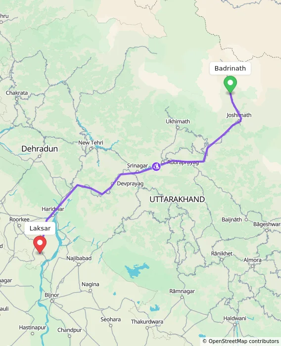 Route map showing distance and travel time from Badrinath, India to Laksar, India