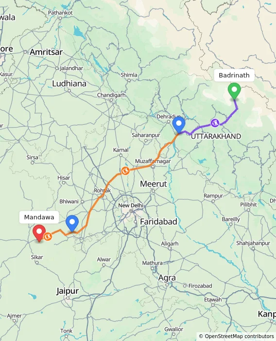 Route map showing distance and travel time from Badrinath, India to Mandawa, India