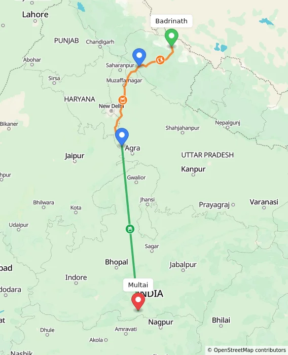 Route map showing distance and travel time from Badrinath, India to Multai, India