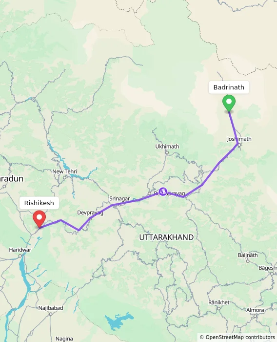 Route map showing distance and travel time from Badrinath, India to Rishikesh, India