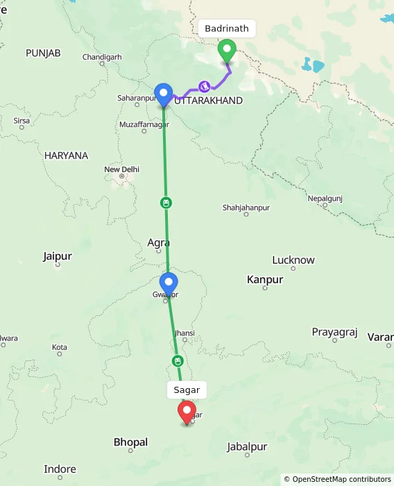 Route map showing distance and travel time from Badrinath, India to Sagar, India