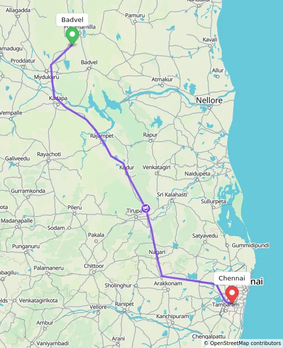 Route map showing distance and travel time from Badvel, India to Chennai, India