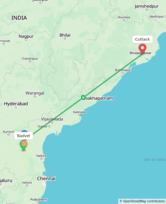 Route map showing distance and travel time from Badvel, India to Cuttack, India