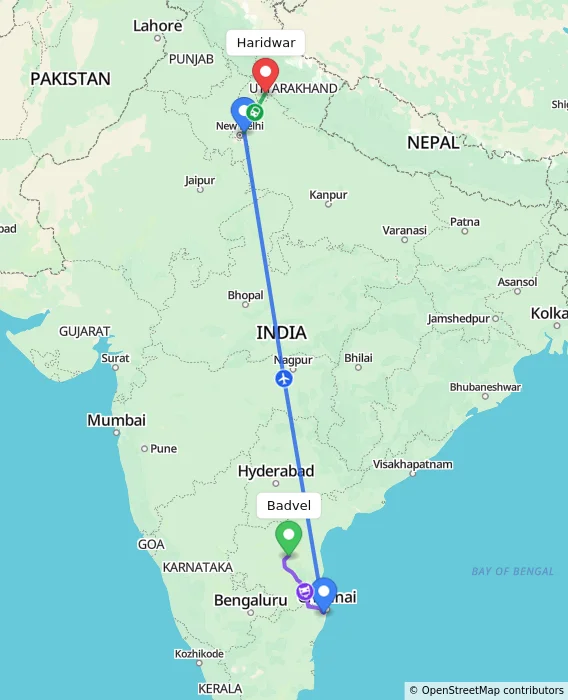 Route map showing distance and travel time from Badvel, India to Haridwar, India