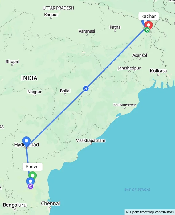 Route map showing distance and travel time from Badvel, India to Katihar, India