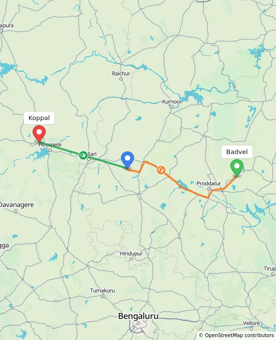 Route map showing distance and travel time from Badvel, India to Koppal, India