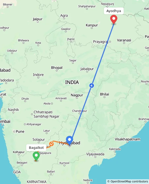 Route map showing distance and travel time from Bagalkot, India to Ayodhya, India