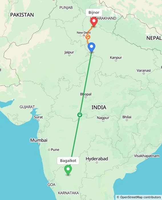 Route map showing distance and travel time from Bagalkot, India to Bijnor, India