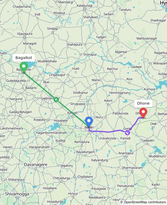 Route map showing distance and travel time from Bagalkot, India to Dhone, India