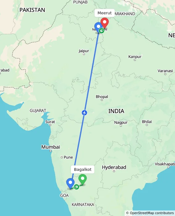 Route map showing distance and travel time from Bagalkot, India to Meerut, India