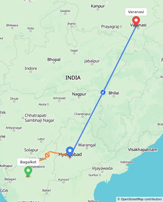 Route map showing distance and travel time from Bagalkot, India to Varanasi, India