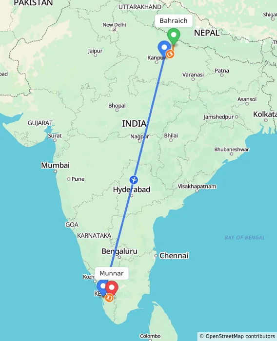 Route map showing distance and travel time from Bahraich, India to Munnar, India
