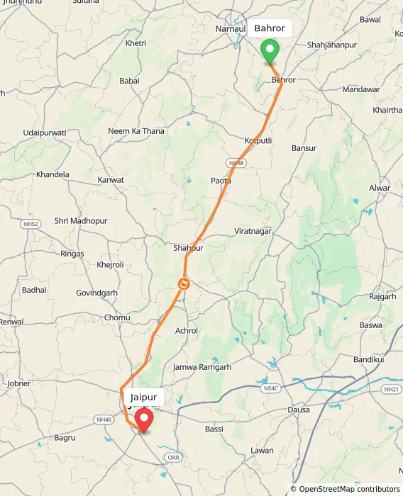 Route map showing distance and travel time from Bahror, India to Jaipur, India