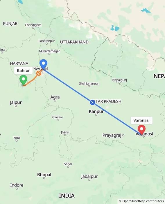 Route map showing distance and travel time from Bahror, India to Varanasi, India