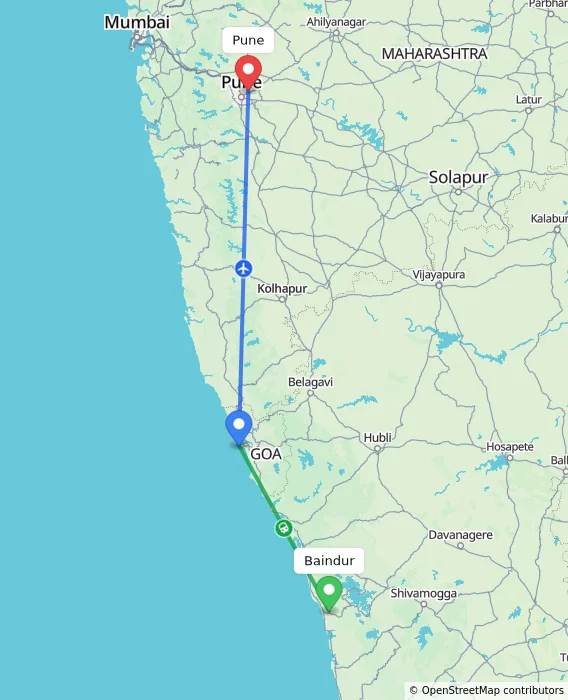 Route map showing distance and travel time from Baindur, India to Pune, India