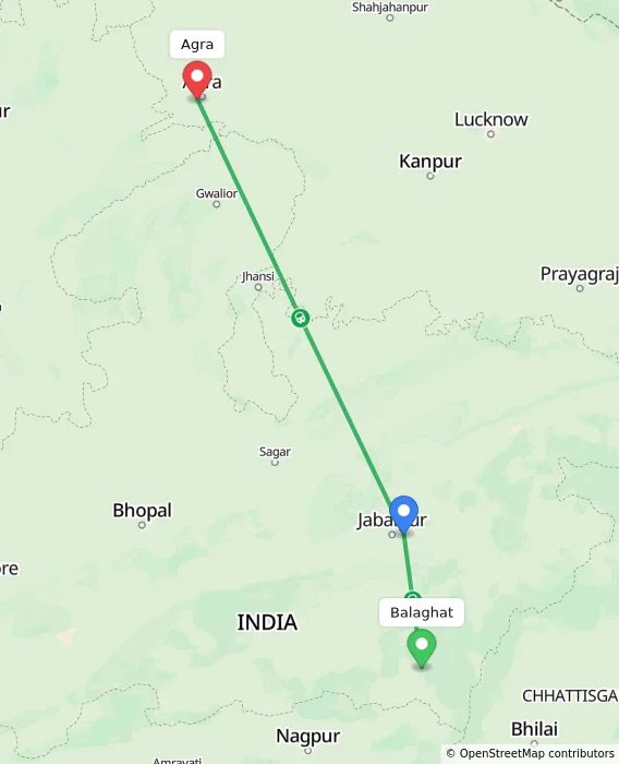 Route map showing distance and travel time from Balaghat, India to Agra, India
