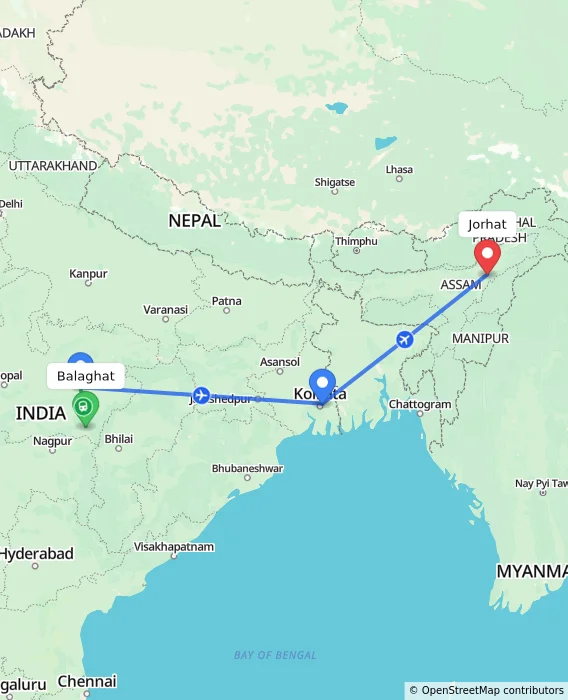 Route map showing distance and travel time from Balaghat, India to Jorhat, India