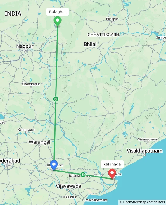 Route map showing distance and travel time from Balaghat, India to Kakinada, India
