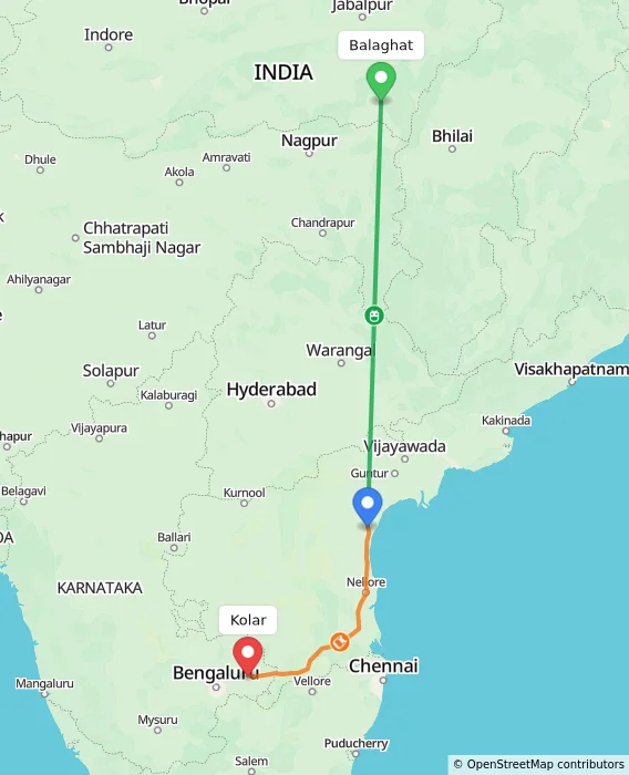 Route map showing distance and travel time from Balaghat, India to Kolar, India
