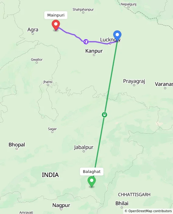 Route map showing distance and travel time from Balaghat, India to Mainpuri, India