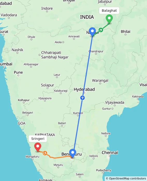 Route map showing distance and travel time from Balaghat, India to Sringeri, India