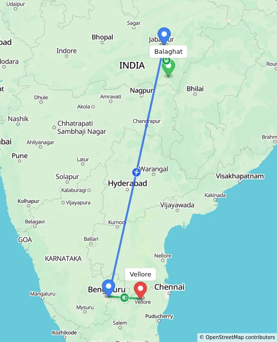 Route map showing distance and travel time from Balaghat, India to Vellore, India
