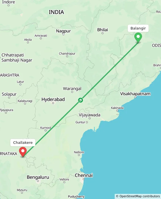 Route map showing distance and travel time from Balangir, India to Challakere, India