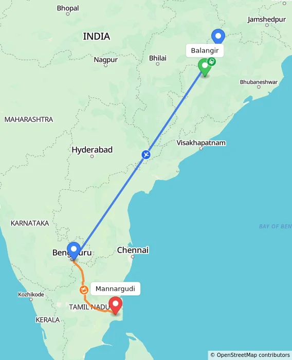Route map showing distance and travel time from Balangir, India to Mannargudi, India