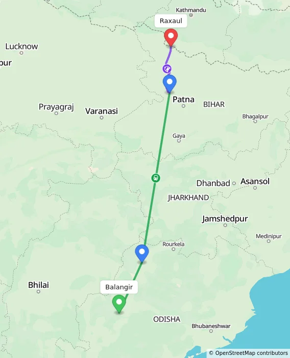 Route map showing distance and travel time from Balangir, India to Raxaul, India