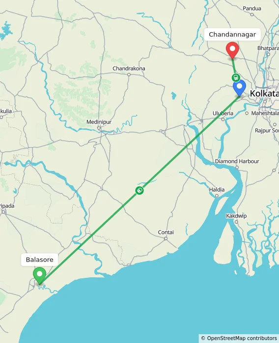 Route map showing distance and travel time from Balasore, India to Chandannagar, India