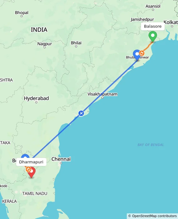 Route map showing distance and travel time from Balasore, India to Dharmapuri, India