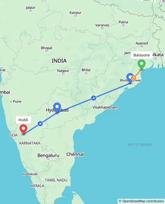 Route map showing distance and travel time from Balasore, India to Hubli, India