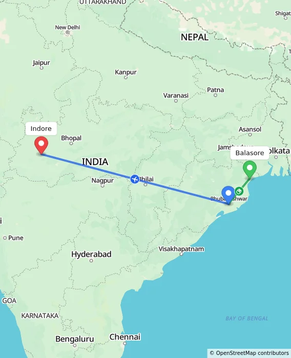 Route map showing distance and travel time from Balasore, India to Indore, India
