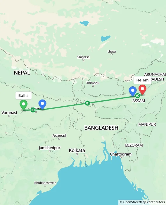 Route map showing distance and travel time from Ballia, India to Helem, India