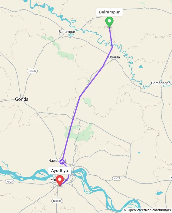Route map showing distance and travel time from Balrampur, India to Ayodhya, India