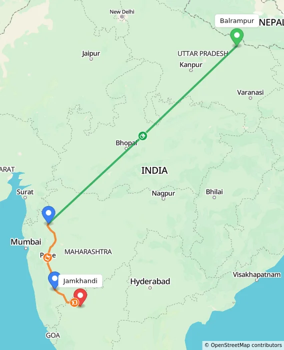 Route map showing distance and travel time from Balrampur, India to Jamkhandi, India