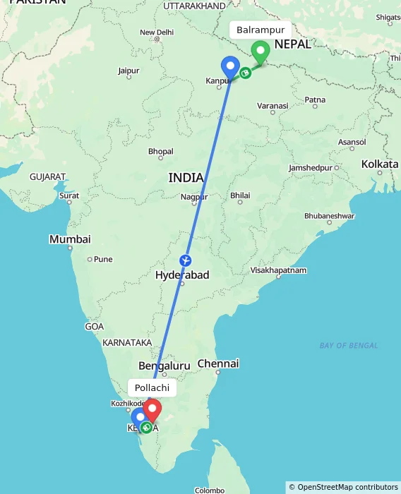 Route map showing distance and travel time from Balrampur, India to Pollachi, India