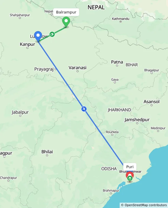 Route map showing distance and travel time from Balrampur, India to Puri, India