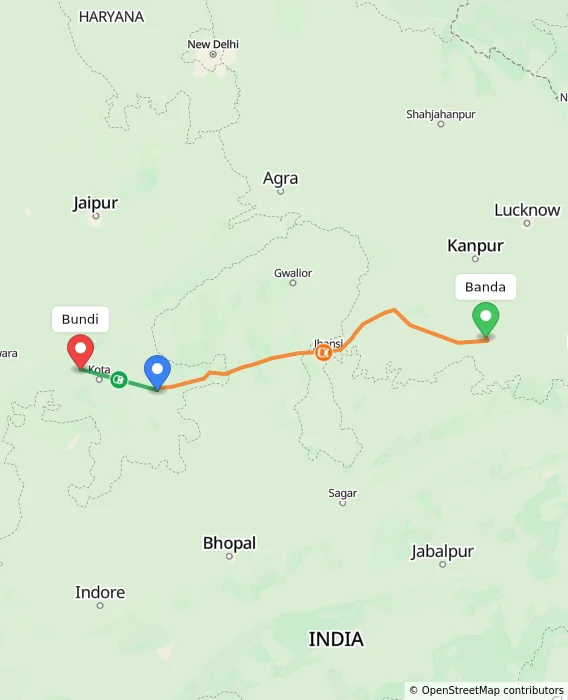 Route map showing distance and travel time from Banda, India to Bundi, India