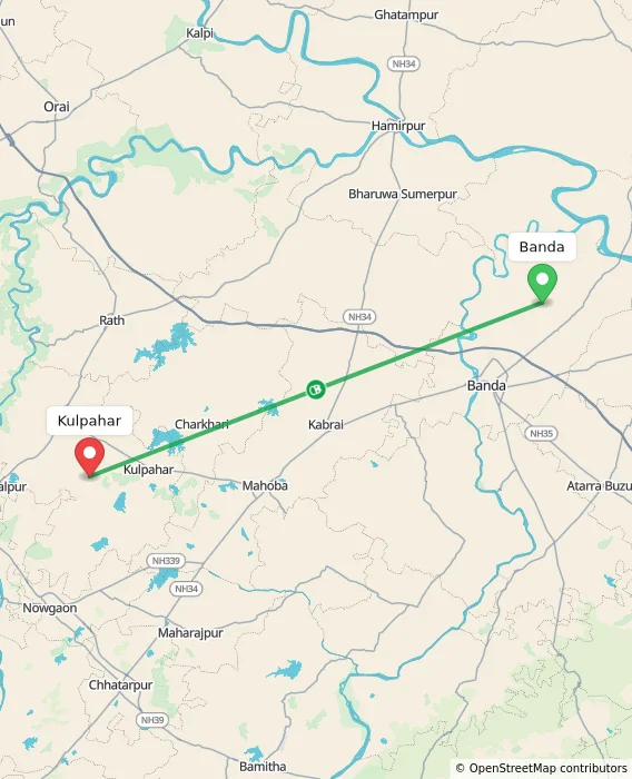 Route map showing distance and travel time from Banda, India to Kulpahar, India