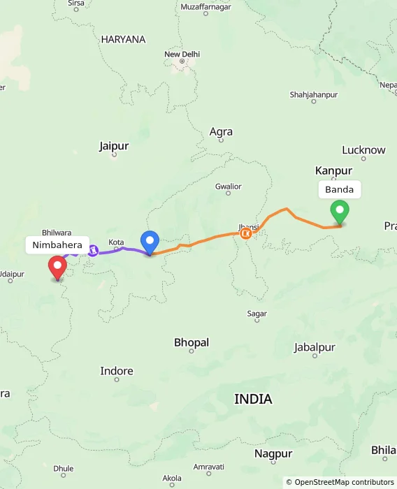 Route map showing distance and travel time from Banda, India to Nimbahera, India