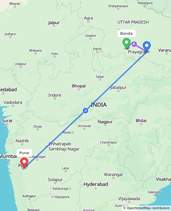 Route map showing distance and travel time from Banda, India to Pune, India