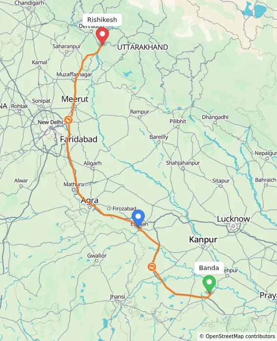 Route map showing distance and travel time from Banda, India to Rishikesh, India
