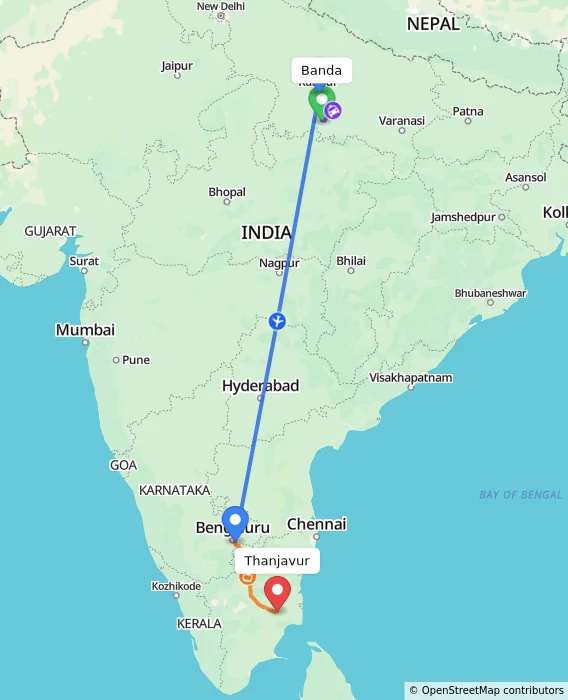 Route map showing distance and travel time from Banda, India to Thanjavur, India